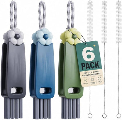 6 Pack Cup Lid Cleaning Brush Set with 3 Straws, Multifunctional Bottle Brush, Cup Lid Gap Cleaner, Durable Bristle Crevice Cleaning Brush,Flat End Brushes