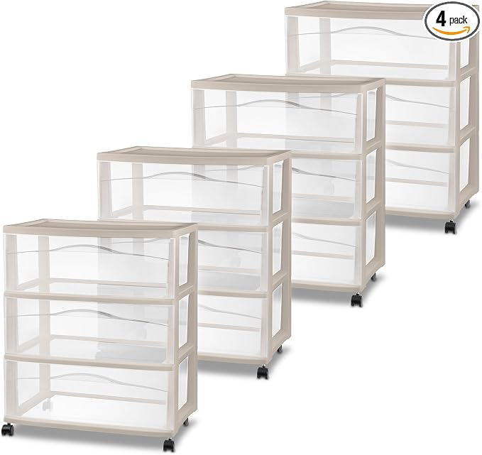 Sterilite 4 Pack Wide 3 Drawer Storage Cart, Rolling Organization, Grey | Clear Plastic Organizer Drawers with Wheels for Craft Supplies, Bath Essentials, or Home Accessories
