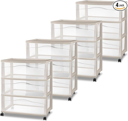 Sterilite 4 Pack Wide 3 Drawer Storage Cart, Rolling Organization, Grey | Clear Plastic Organizer Drawers with Wheels for Craft Supplies, Bath Essentials, or Home Accessories
