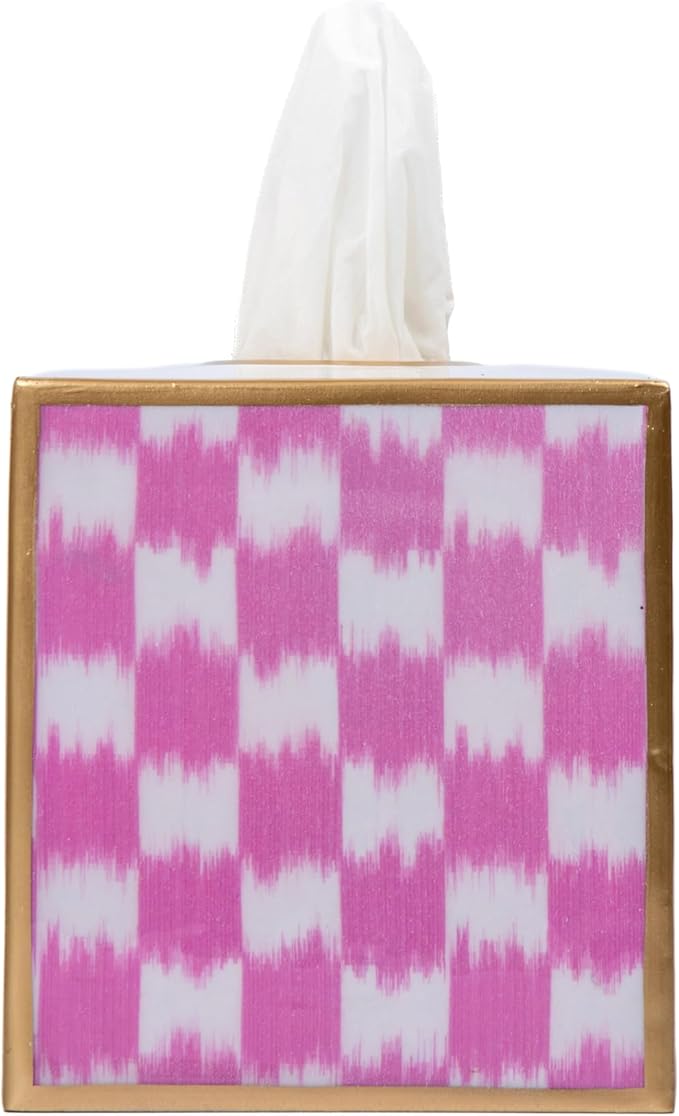 Jaye’s Studio Ikat Checkered Tissue Box Cover Gold Trim, Pink & White Tissue Box Cover Square, Facial Tissue Holder, Enamel Tissue Box Holder for Bathroom Vanity, Bedroom, Office, Checkered Home Decor