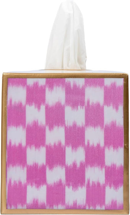 Jaye’s Studio Ikat Checkered Tissue Box Cover Gold Trim, Pink & White Tissue Box Cover Square, Facial Tissue Holder, Enamel Tissue Box Holder for Bathroom Vanity, Bedroom, Office, Checkered Home Decor