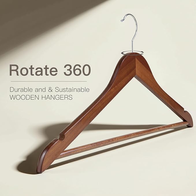Wooden Hangers 10 Pack: Solid Shirt Hangers with Pants Bar, Heavy Duty & Slim Coat Hanger, for Suit Coat Jacket Pants (Walnut)