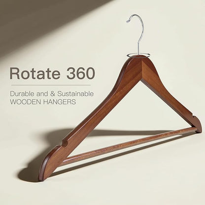 Wooden Hangers 10 Pack: Solid Shirt Hangers with Pants Bar, Heavy Duty & Slim Coat Hanger, for Suit Coat Jacket Pants (Walnut)