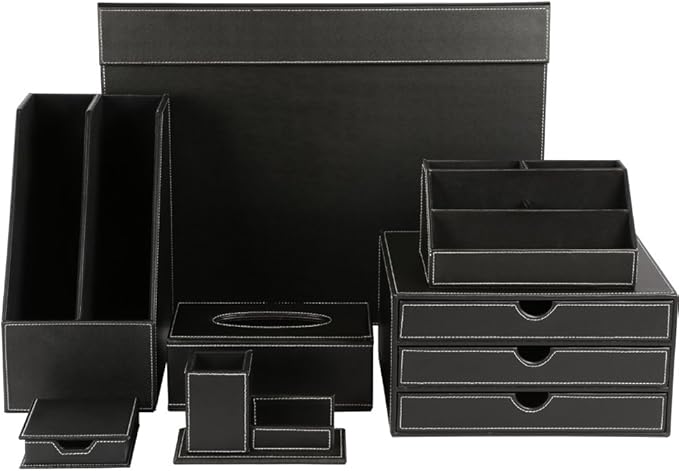 KINGFOM 7-Piece Desk Organizer Set for Home & Office, Includes File Holder, Tissue Box Cover, Desk Pad, Note Paper Holder, Pen Holder, Black