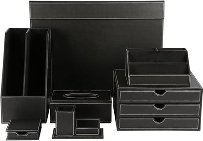 KINGFOM 7-Piece Desk Organizer Set for Home & Office, Includes File Holder, Tissue Box Cover, Desk Pad, Note Paper Holder, Pen Holder, Black