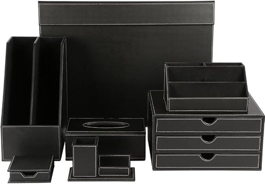 KINGFOM 7-Piece Desk Organizer Set for Home & Office, Includes File Holder, Tissue Box Cover, Desk Pad, Note Paper Holder, Pen Holder, Black