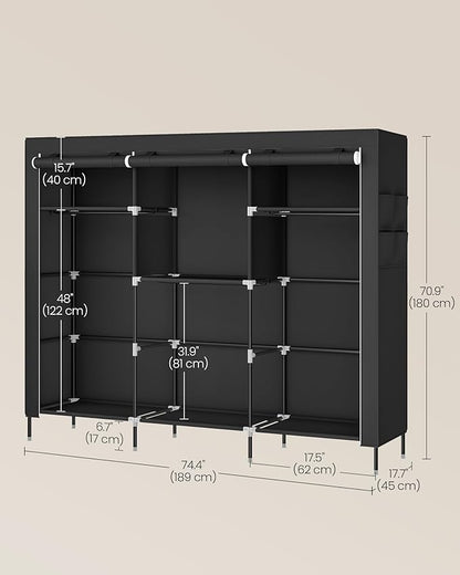 SONGMICS Portable Closet, Fabric Wardrobe, Clothes Rack with Shelves, Pockets, Large Capacity, 4 Hanging Rods, 74.4 x 17.7 x 70.9 Inches, Black URYG011BZ02