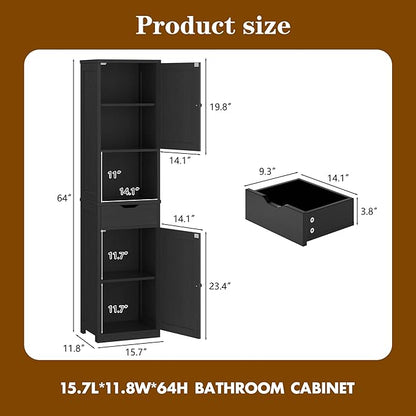 Walsunny Tall Bathroom Storage Cabinet with Freestanding Adjustable Shelves, Narrow Storage Linen Cabinet with 2 Doors and 1 Drawer for Bathroom, Living Room, Kitchen, Black