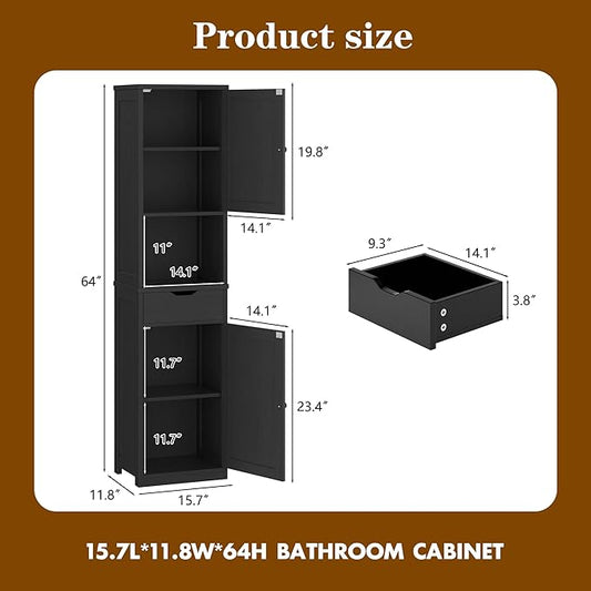 Walsunny Tall Bathroom Storage Cabinet with Freestanding Adjustable Shelves, Narrow Storage Linen Cabinet with 2 Doors and 1 Drawer for Bathroom, Living Room, Kitchen, Black