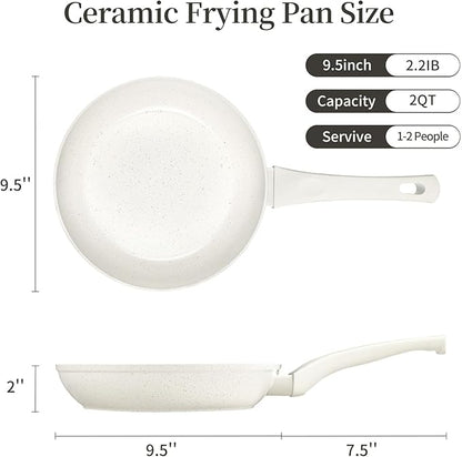 Ceramic Non Stick Frying Pan - 9.5 Inch Ceramic White Non Stick Skillet Frying Pans, Safe&No Toxic Egg Omelette Frying Pan, Nonstick Cookware Cooking Pan, Induction Compatible, PFOA&PFAS Free