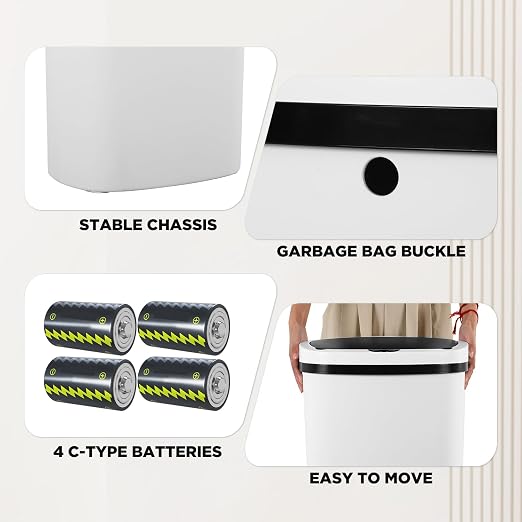 PayLessHere | 13 Gallon Plastic Trash Can | White | Automatic Touchless Lid with Motion Sensor | Kitchen Garbage Can with Waterproof Design | for Home, Office, Bathroom | Pack of 1