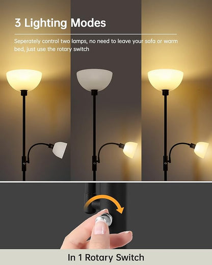 Floor Lamps for Living Room Black, 71" Tall Pole Bedroom Light, Bright Floor Lamp with Adjustable Reading Light, Simple Standing Lamp, White Plastic Lampshade, 3-Way Rotary Switch, Modern Mid-Century