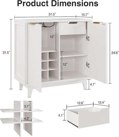 Fluted Coffee Bar Cabinet with Storage, Modern Sideboard Buffet Cabinet with Removable Wine Rack, Drawer, Adjustable Shelf, White Liquor Cabinets for Living Room, Dining Room, Kitchen, Entryway