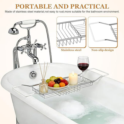 Cabilock Stainless Steel Expandable Bathtub Tray, Chrome Polished Telescopic Bath Tub Shelf, Bathroom Organizer for Soap, Shampoo, Phone and Sundries