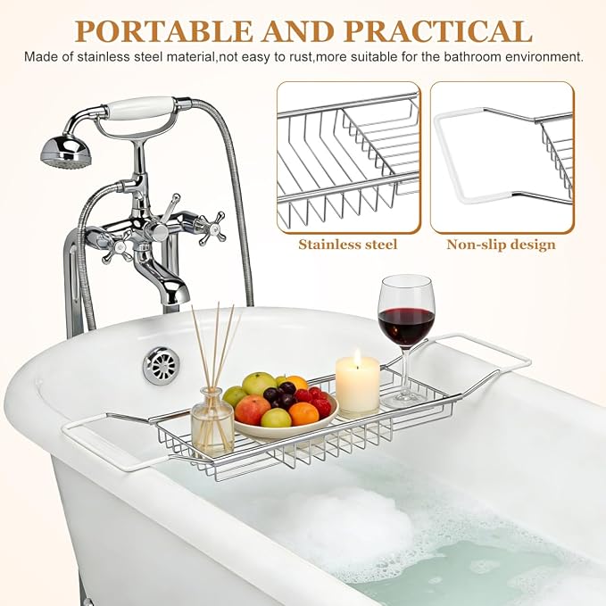 Cabilock Bathtub Tray - Stainless Steel Bathtub Caddy, Expandable Extra Wide Bath Tub Organizer, Rust-Resistant Over The Tub Shelf Rack with Non-Slip Grips for Phone Book Wine Glass, Silver