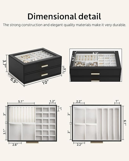 AKOZLIN Jewelry Box with Clear Lid Functional Leather Jewelry Storage Organizer Case 2 Drawers for Women Girls Necklace Ring Bracelet Earring