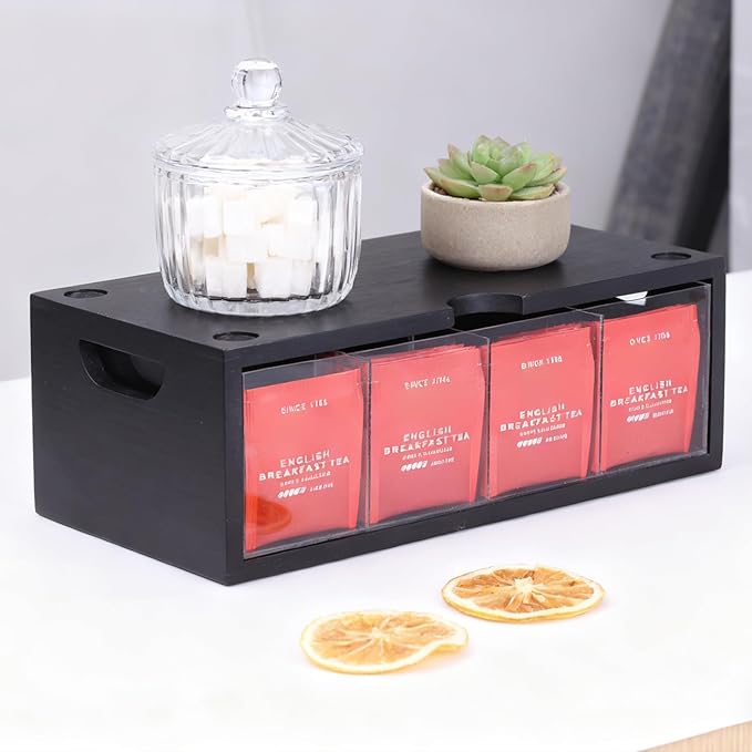 Bamboo Tea Bag Organizer for Cabinet & Countertop - 2-Piece Stackable Tea Box Set, Large Capacity Storage Containers for Tea Bags & Packets - Modular Pantry Organization & Kitchen Tea Station Holder