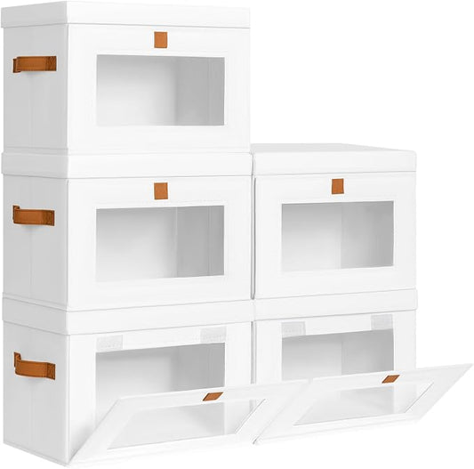 Homsorout Medium Fabric Storage Bins - Closet Shelf Organizer with Open Window, 5 Pack Closet Baskets for Shelves, Stackable Decorative Boxes for Home, Dorm, White, 13.7" x 9.8” x 9.8"