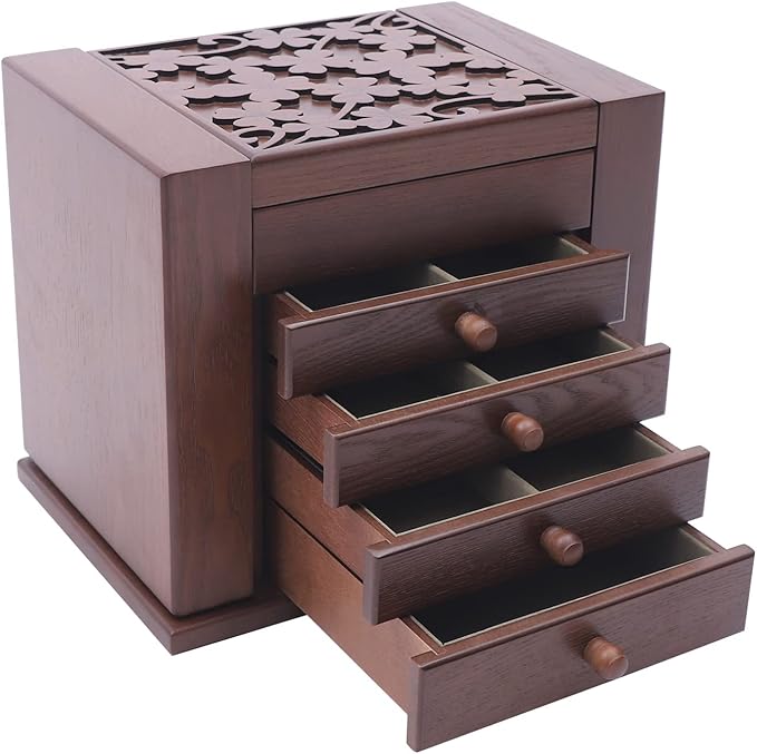 Wooden Jewelry Box for Women, 5-Layer Wooden Jewelry Organizer Boxes with 4 Drawers, Vintage Solild Wood Storage CaseJewelries, Watches, Necklace, Ring (Dark Brown)