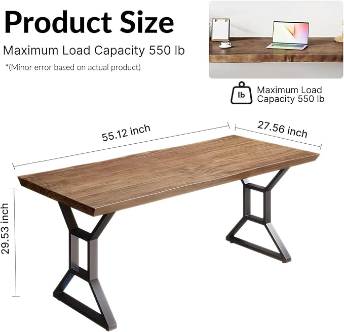 55-Inch Modern Solid Wood Desk with Thickened Metal Frame - Large Long Study Writing Table for Home Office, Adjustable Screw-in feet