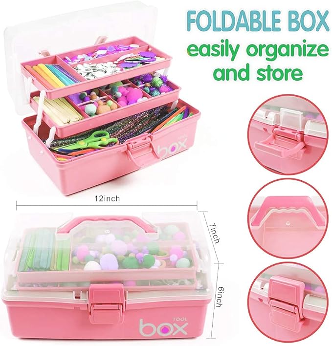 TERGOO 12in 3-Layer Plastic Craft Organizers and Storage, Portable Folding Tackle Box with Handle & Adjustable Dividers, Multipurpose Case for Sewing, Art Supplies, Medicine, Tools (Pink)