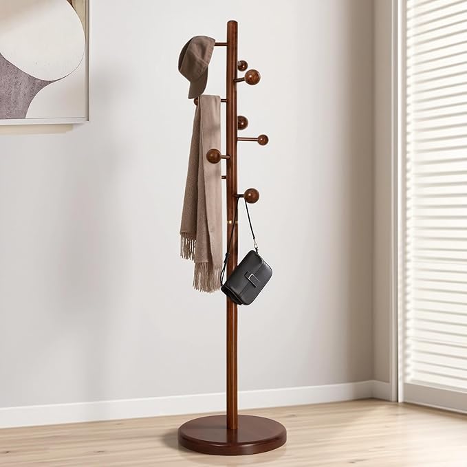 Coat Rack Stand Solid Wooden Coat Tree with 9 Cute Ball Hooks, 72.4" Heavy Duty Coat Rack Freestanding with Round Base, Rubberwood Coat Hanger Stand for Hallway, Entryway Bedroom (Walnut)