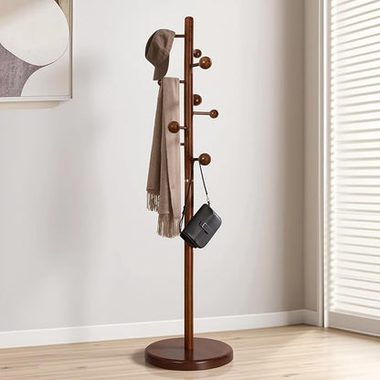 Coat Rack Stand Solid Wooden Coat Tree with 9 Cute Ball Hooks, 72.4" Heavy Duty Coat Rack Freestanding with Round Base, Rubberwood Coat Hanger Stand for Hallway, Entryway Bedroom (Walnut)