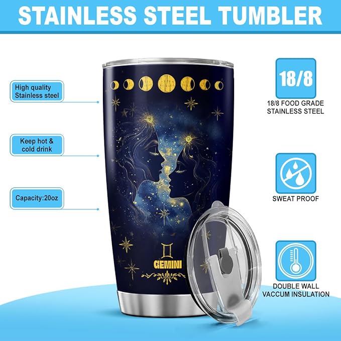 Gemini Zodiac Gift 20oz Stainless Steel Insulated Tumbler, Astrology Constellation Cup with Funny Nutrition Facts, Horoscope Themed Travel Mug for Women Men