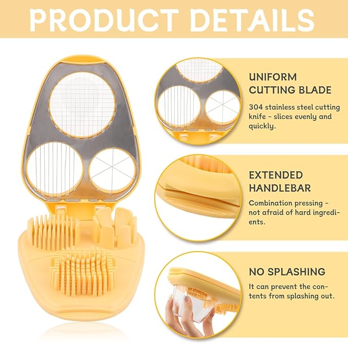 3-in-1 Egg Slicer for Hard Boiled Eggs, Stainless Steel Wire Egg Cutter with ABS Frame, Multi-Functional Kitchen Gadget for Slicing Strawberries, Bananas, Mushrooms & Cheese(Yellow)