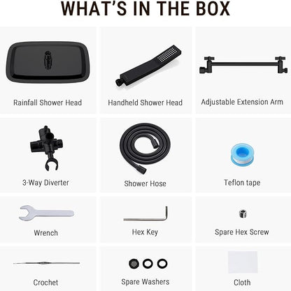 G-Promise All Metal 14 Inch Dual Square Shower Head with Handheld Spray Combo, Rain Shower Head, Adjustable Extension Arm, 3-Way Diverter, 71 Inch Extra Long Hose - A Bathroom Upgrade (Matte Black)