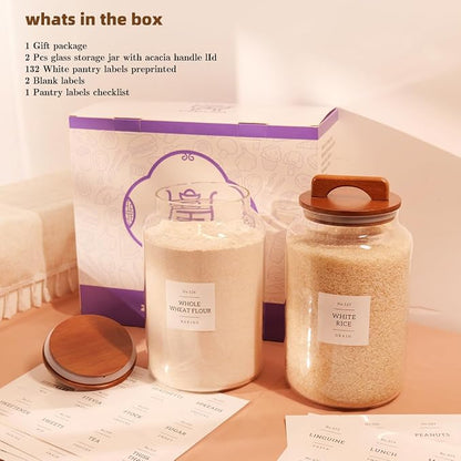 2 Pack Large Glass Flour and Sugar Containers with 132 Pantry Labels - 1 Gallon Glass Canisters with Bamboo Airtight Lids - Farmhouse Glass Cookie Jars for Rice, Pasta, Cereal, Bath Salt