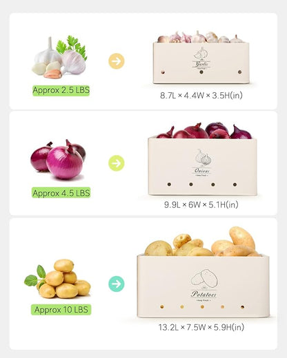 Kitchen Vegetable Storage Tins Set of 3 for Potatoes, Onion, Garlic, Vegetable Storage Containers with Ventilation and Bamboo cover, White metal material, Potato and Onion bin for Pantry