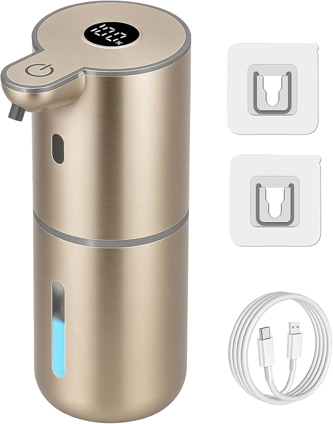OHIFAST Automatic Foaming Soap Dispenser Touchless, USB Rechargeable Smart Hand Soap Dispenser, 6-Level Adjustable, 12.8oz/380mL Wall Mounted for Bathroom Kitchen Dish Soap-Gold
