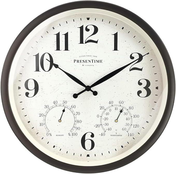 Presentime & Co 16" Farmhouse in/Outdoor Clock, Wall Clock & Weather Station, Weather Thermometer, Wall Décor and Timepiece for Farmhouse Decoration, Oil Rubbed Bronze Finish