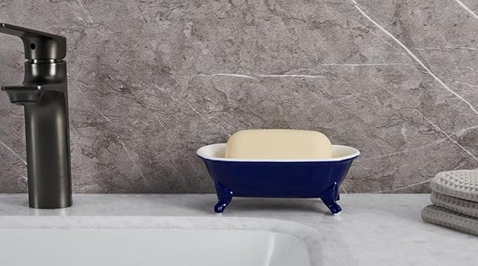 6.5" Ceramic Mini Decorative Clawfoot Bathtub Bar Soap Dish, Kitchen Sponge Holder and Shower Tray for Bathroom, 1 Pack(Navy Blue)