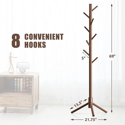Haddockway Wooden Coat Rack Stand with 8 Hooks New Zealand Pine 3 Adjustable Coat Standing Tree Easy Assembly for Coats, Hats, Scarves and Handbags for Entryway, Hallway, Bedroom, Office