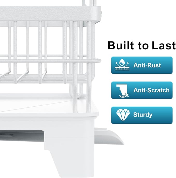 GSlife Large Dish Drying Rack 2 Tier, Expandable Kitchen Dish Drainer for Pots and Pans, 360° Swivel Spout, Rust-Resistant Metal Dish Rack with Utensil & Cup Holder, 16.9" W x 14.4"-22.4" L, White