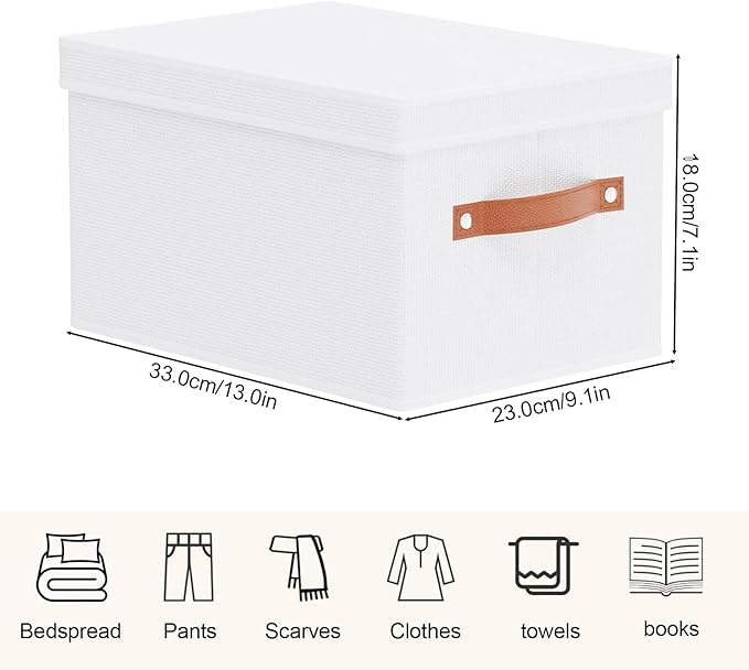 YheenLf Fabric Storage Boxes with Lids, 7.1 x 9.1 x 13 Inch Clothes Bins for Shelves, Closet Organizers for Organizing with Handles, White, 3-Pack