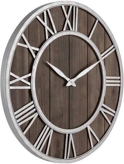 Oldtown Farmhouse Metal & Solid Wood Noiseless Wall Clock (Dark Brown, 30-inch)