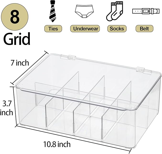 ZEXALOR Plastic Clear Storage Containers, Set of 2 Tea Bag Organizer Boxes 8 Compartments with Lids, Underwear Tie Drawer Organizer, Dresser Organizer (10.8×7×3.7")