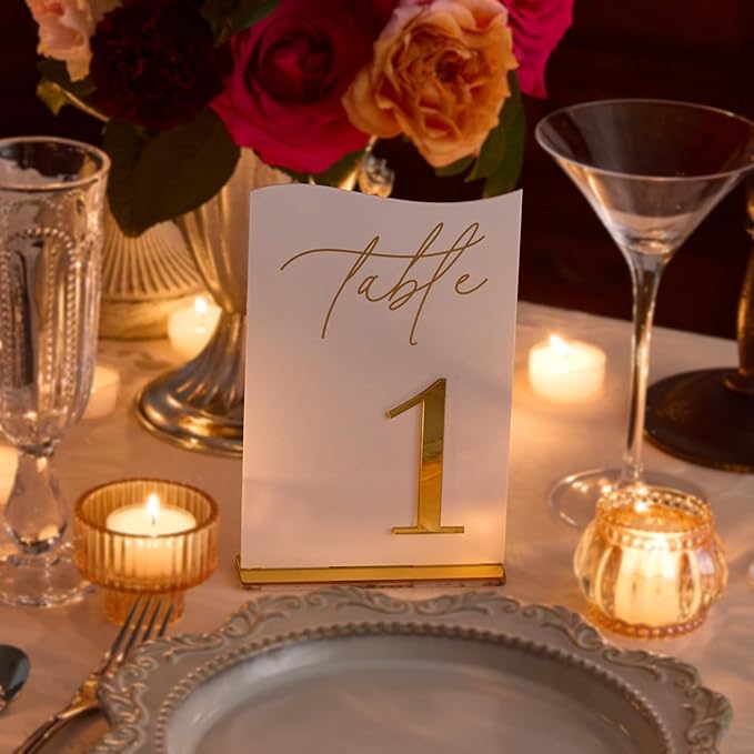 Gold Mirrored Acrylic Wedding Table Numbers 1-15 Set, Self-Standing Modern Arched Signs for Reception Seating, Anniversary & Bridal Shower, Elegant Wedding Decor (5x7 Inches)
