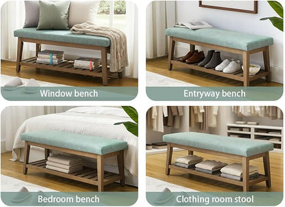 Entryway Shoe Bench with Cushion, End of Bed Bench,Upholstered Bench for Kitchen, Bench with Solid Wood Shelf, Fabric Ottoman Bench for Hallway, Living Room (Teal)