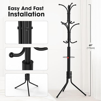 Coat Rack Freestanding,12 Hooks Metal Coat Racks with Umbrella Holder,Sturdy Hall Rree,Easy Assembly Coat Rack Stand for Hanging Scarf,Purse,Hats,Jacket(Black)