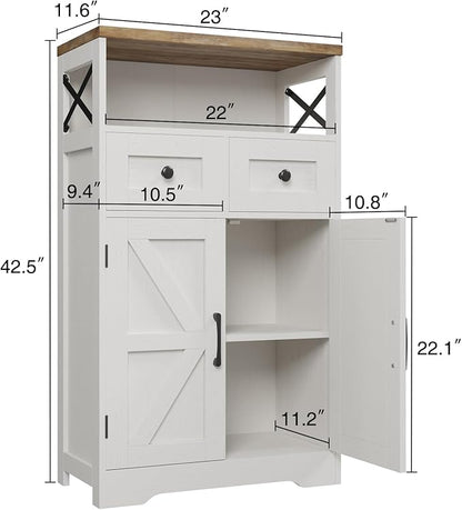 Farmhouse Storage Cabinet with Barn Doors and Shelves, Farmhouse Kitchen Pantry, Small Tall Coffee Bar Cabinet with Storage, Hutch Cupboard for Bathroom, Laundry, Living Room,White