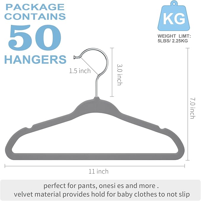 Kids Velvet Hangers 11 Inches Children's Clothes Hangers Non-Slip Baby Hangers Space-Saving Infant Closet Organizer | Durable & Lightweight (Grey,50pack) by MOERKADA