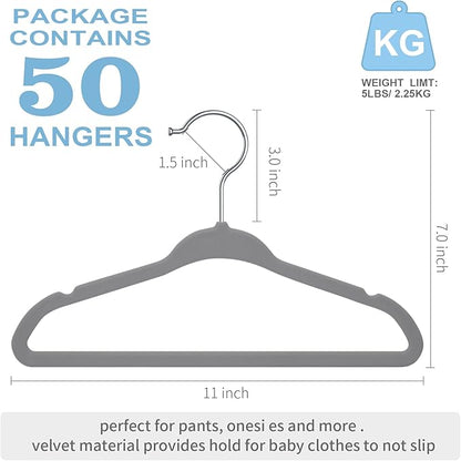 Kids Velvet Hangers 11 Inches Children's Clothes Hangers Non-Slip Baby Hangers Space-Saving Infant Closet Organizer | Durable & Lightweight (Grey,50pack) by MOERKADA