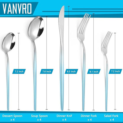 VANVRO Gradient Blue Silverware Set, 20 Piece Stainless Steel Flatware Set, Kitchen Utensil Set include Knife/Fork/Spoon,Cutlery Service for 4,Mirror Polished