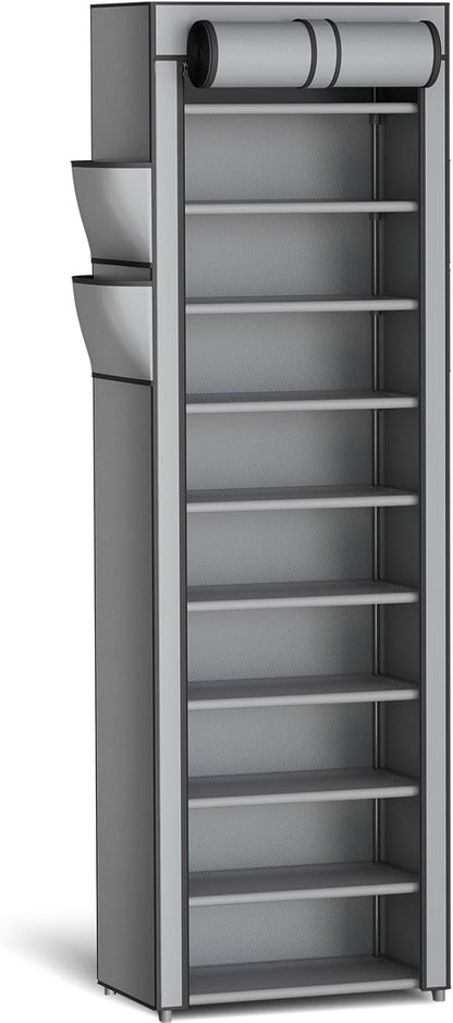 Kitsure Shoe Rack - 10-Tier Large Capacity Shoe Organizer Shelf with Dust Cover & Side Pockets, Rust-Proof Metal Shoe Rack for Closet, Entrance, Living Room, 17.5" x 12.4" x 69.3", Grey