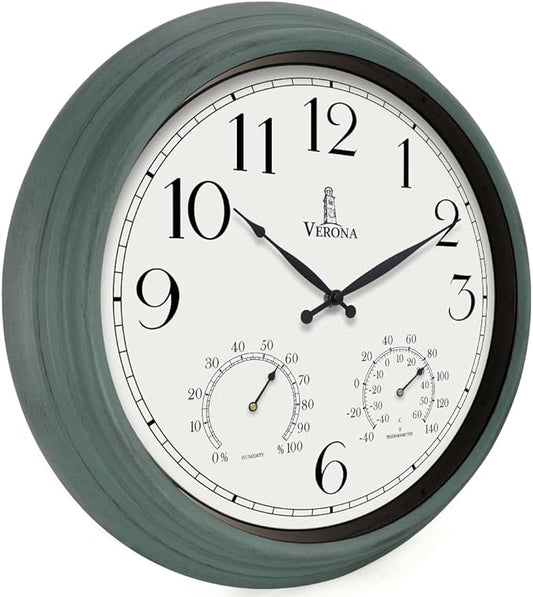 18 inch Outdoor Clocks for Patio Large Waterproof with Thermometer - Teal Blue Outdoor Clock with Temperature and Humidity for Wall - Weatherproof, Accurate & Easy to Read for Pool, Patio & Garden