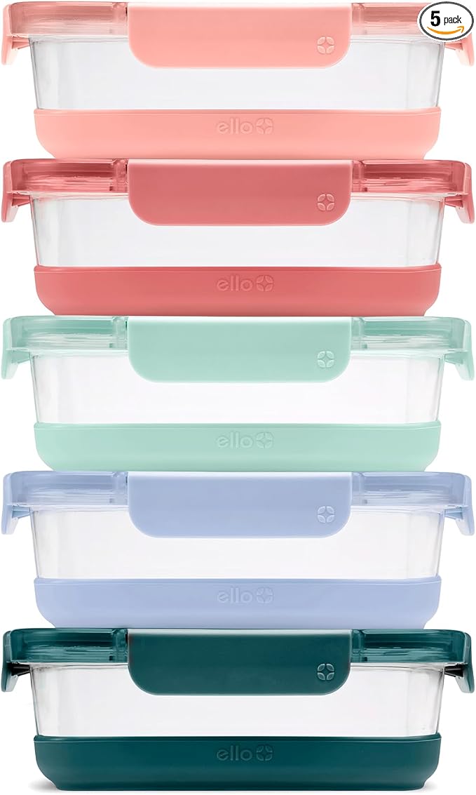 Ello Duraglass Refresh 3.4 Cup Meal Prep Sets 10Pc, 5 Pack Set- Glass Food Storage Container with Silicone Boot and Airtight BPA-Free Plastic Lids, Dishwasher, Microwave and Freezer Safe, Melon